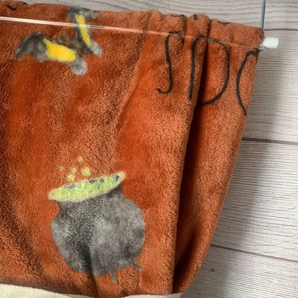 Rae Dunn Hocus Pocus Blanket Orange with Cauldron Broom Witch Hat Shoes 50x70